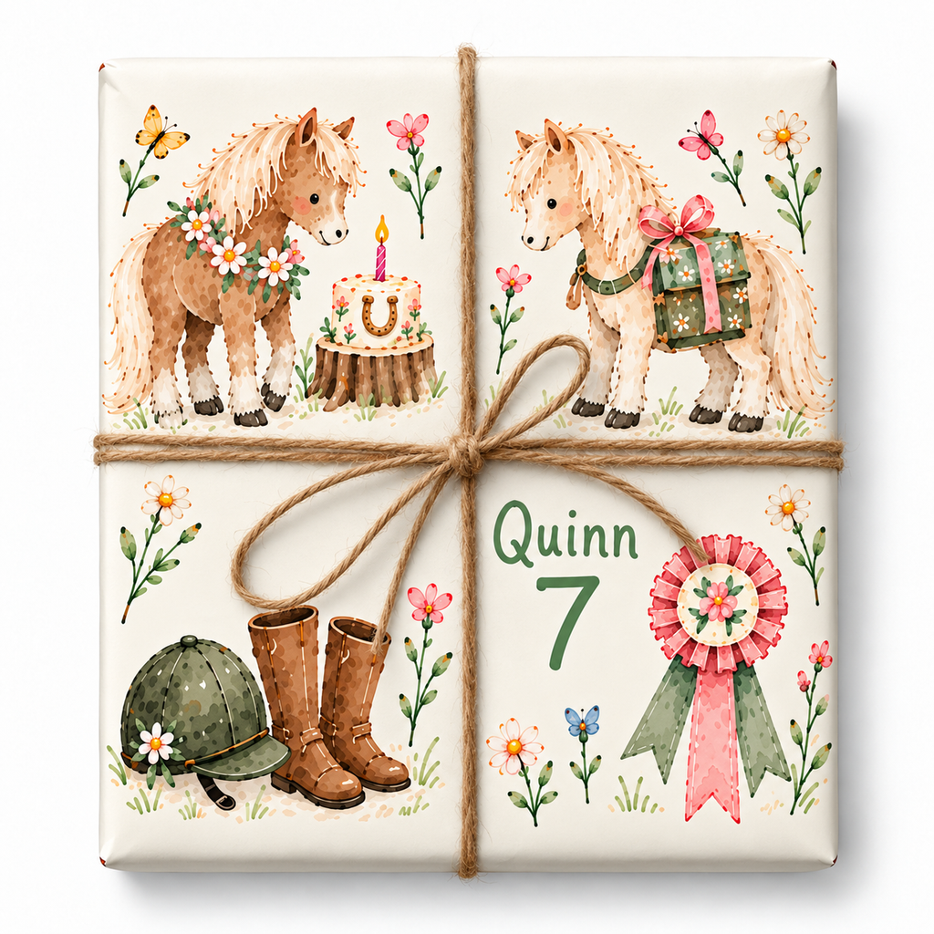 Pony Club Birthday Personalized Wrapping Paper styled with natural jute twine