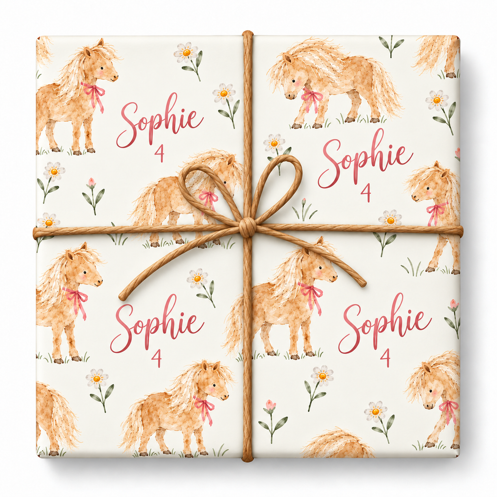 Personalized watercolor pony birthday wrapping paper with name and age, styled with natural jute twine