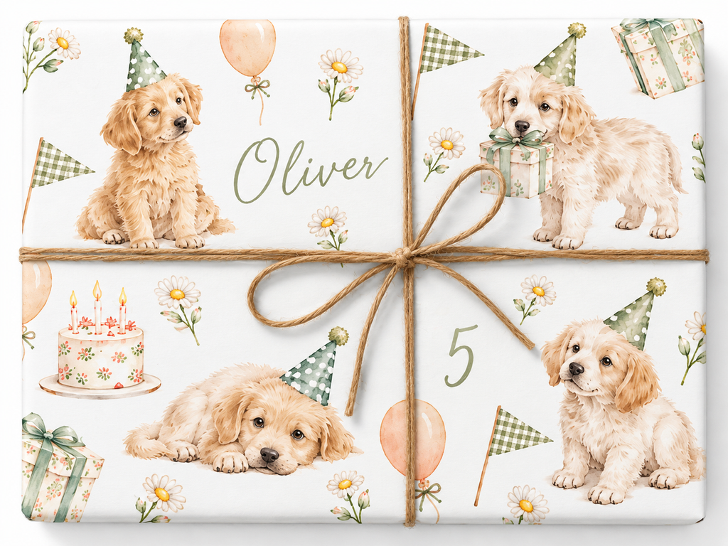 Puppy Birthday personalized gift wrap with enlarged artwork and natural twine