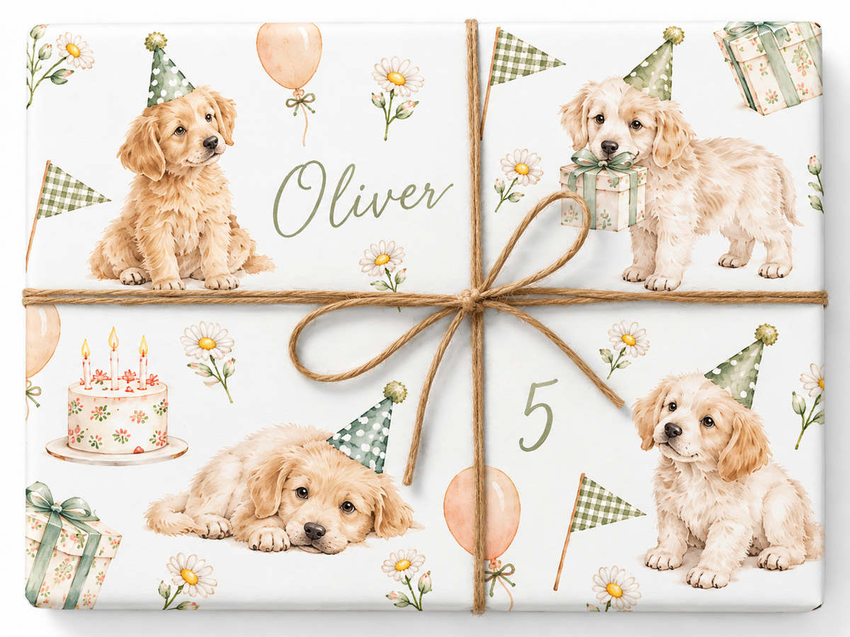 Puppy Birthday personalized gift wrap with enlarged artwork and natural twine