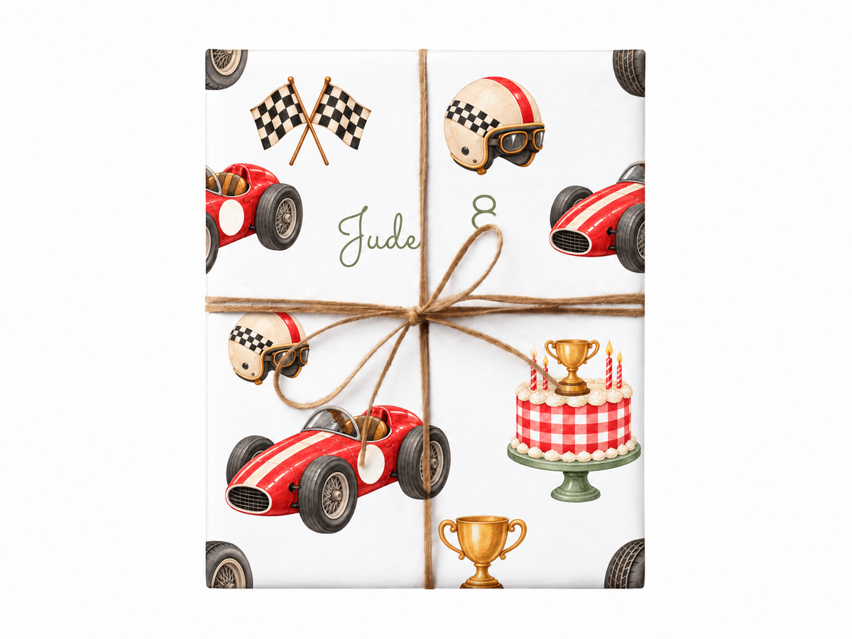 Personalized Race Day birthday wrapping paper on gift with approved natural jute twine