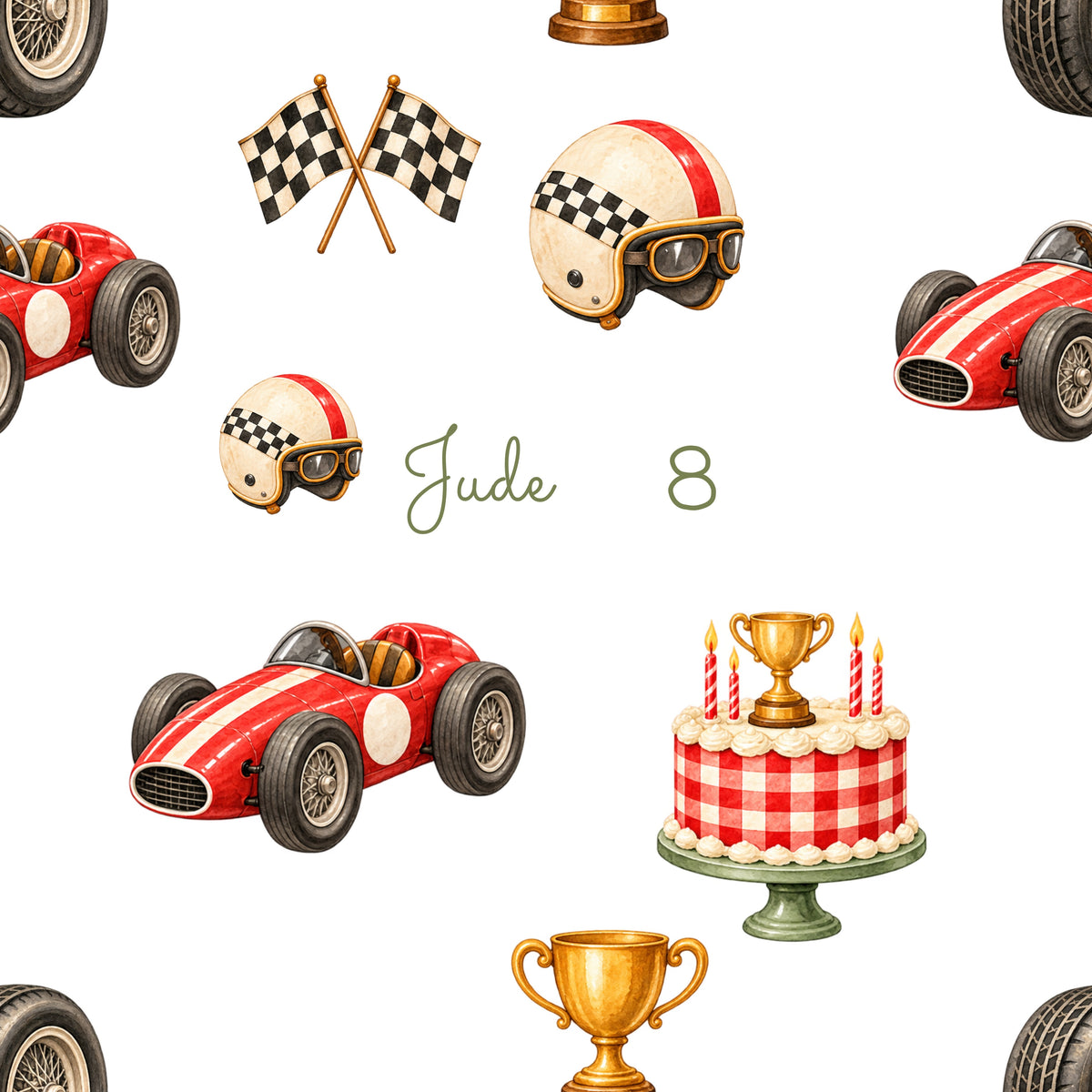 Race Day seamless pattern detail with personalized name and age