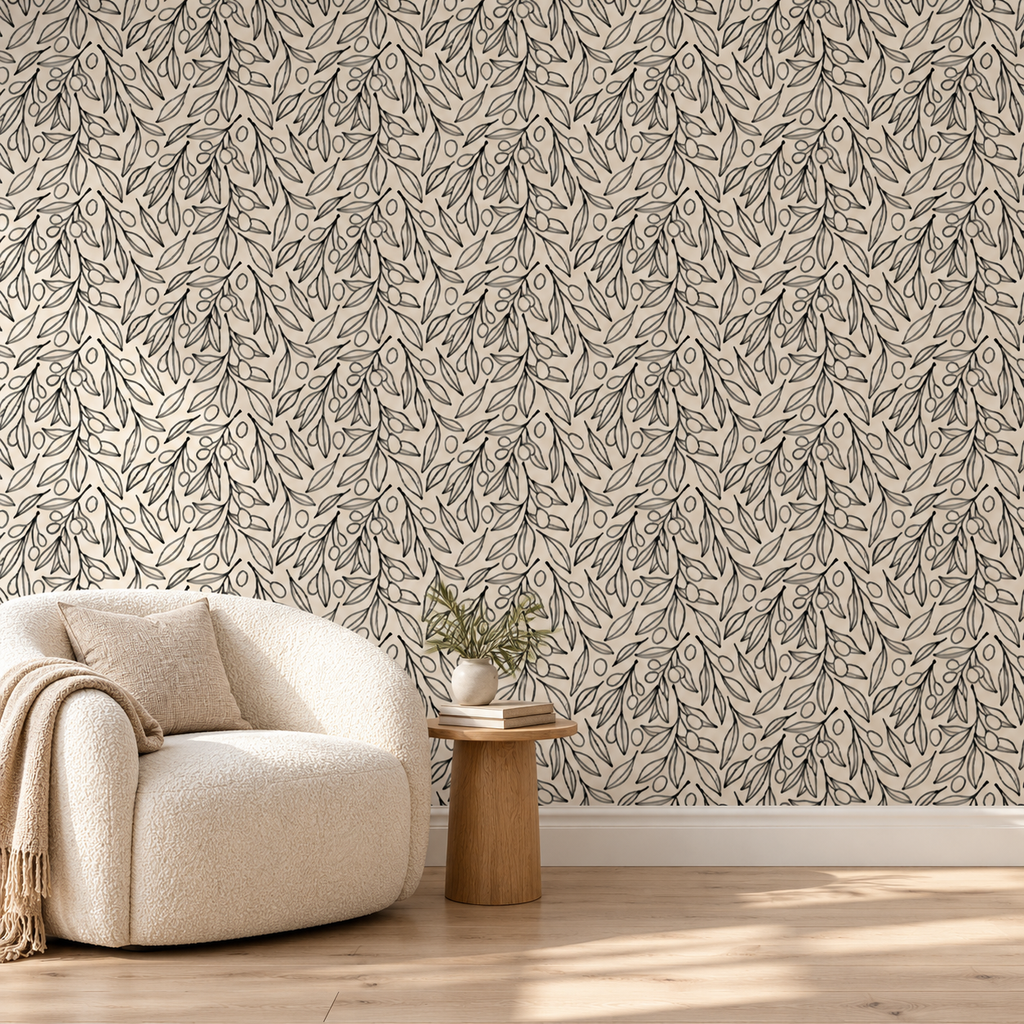 Olive Botanical wallpaper in a neutral reading nook