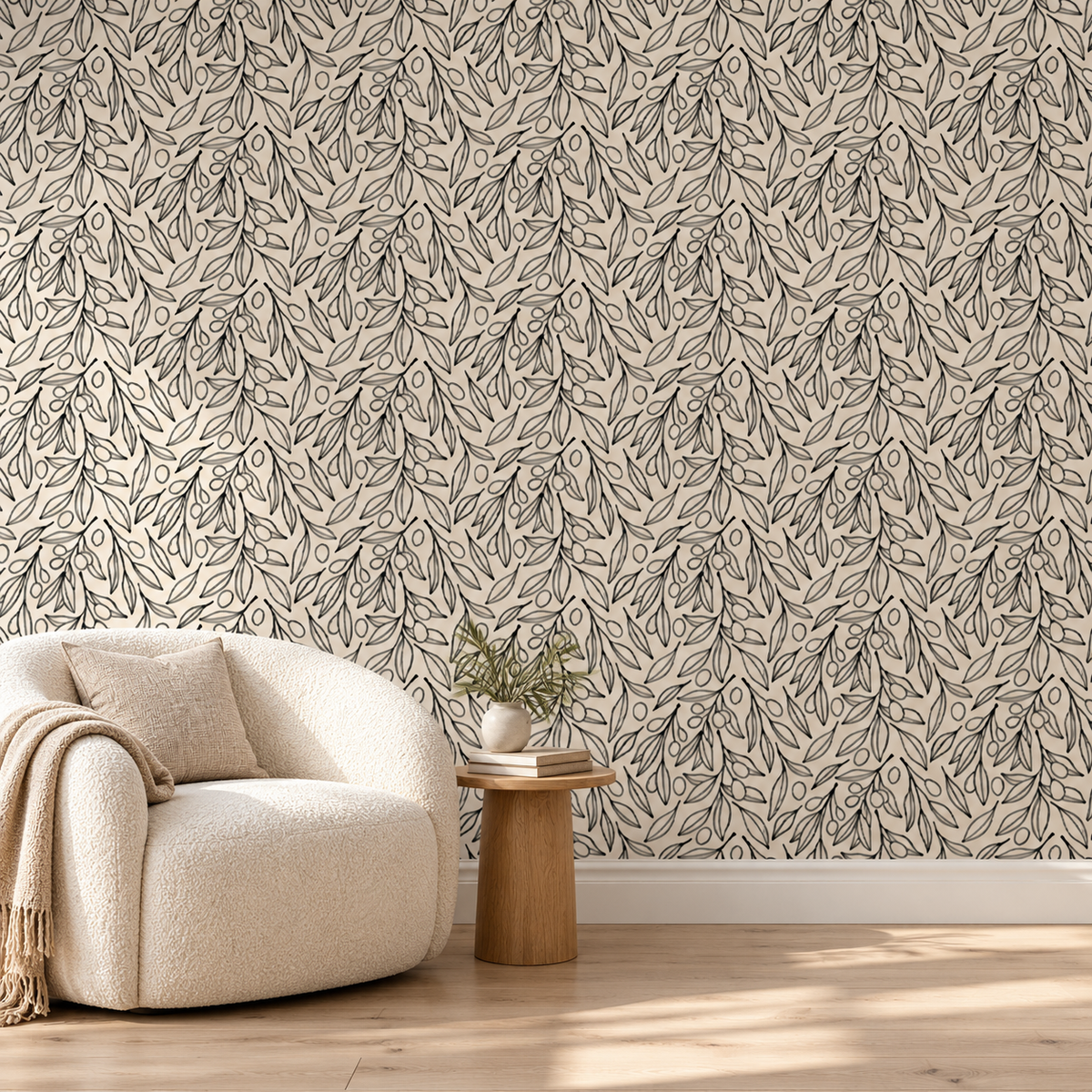 Olive Botanical wallpaper in a neutral reading nook