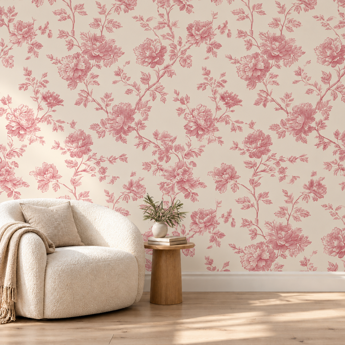 Rose Toile wallpaper in a neutral reading nook