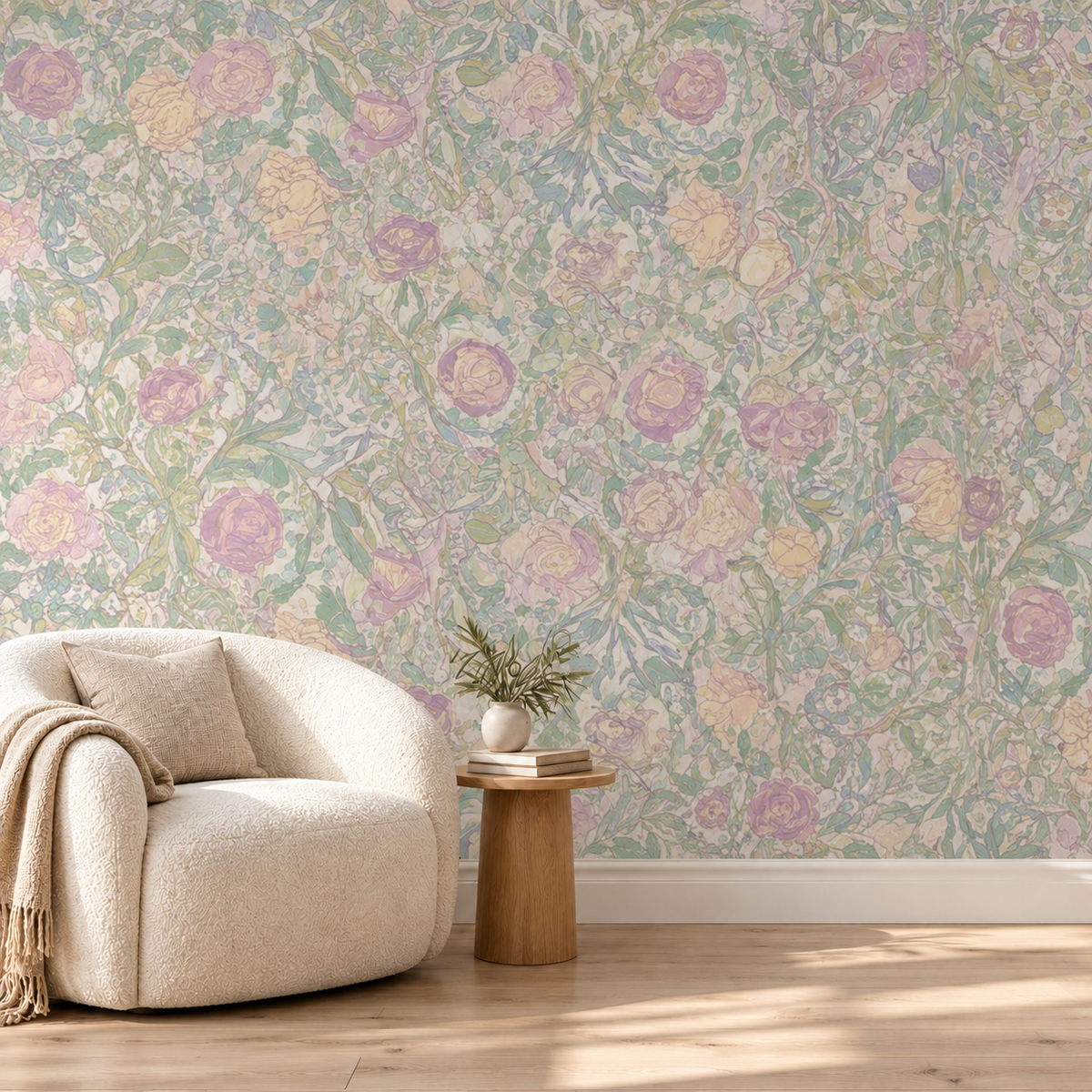 Soft Pastel Floral wallpaper in a neutral reading nook