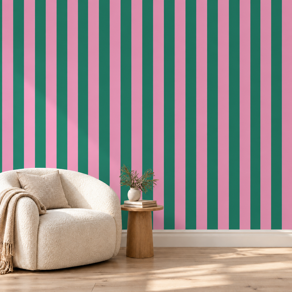 Green Pink Stripe wallpaper in a neutral reading nook