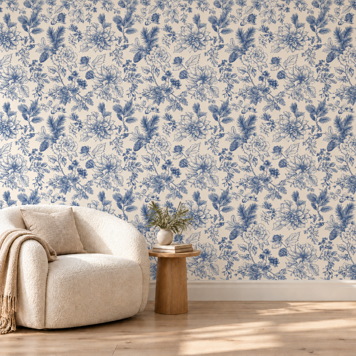 Blue Pine Cone Toile wallpaper reading nook mockup