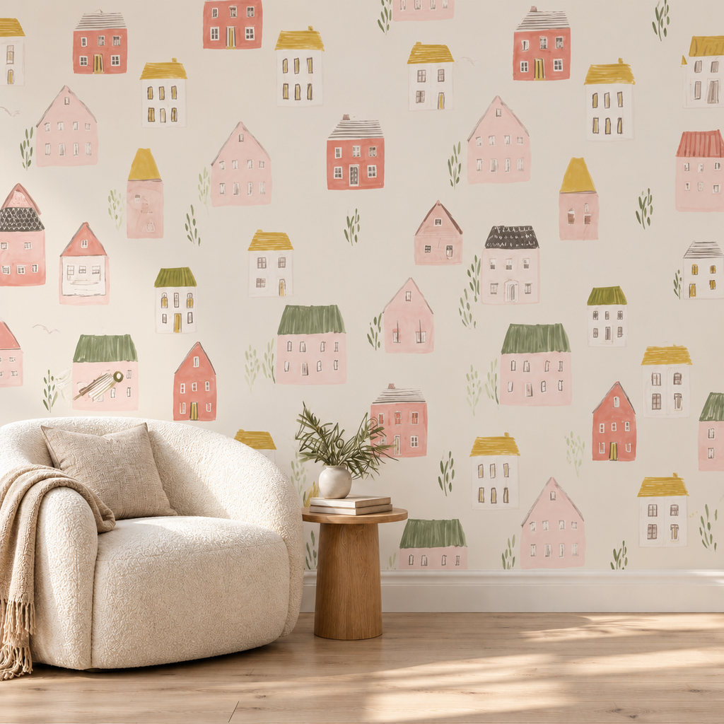 Whimsical Village wallpaper reading nook