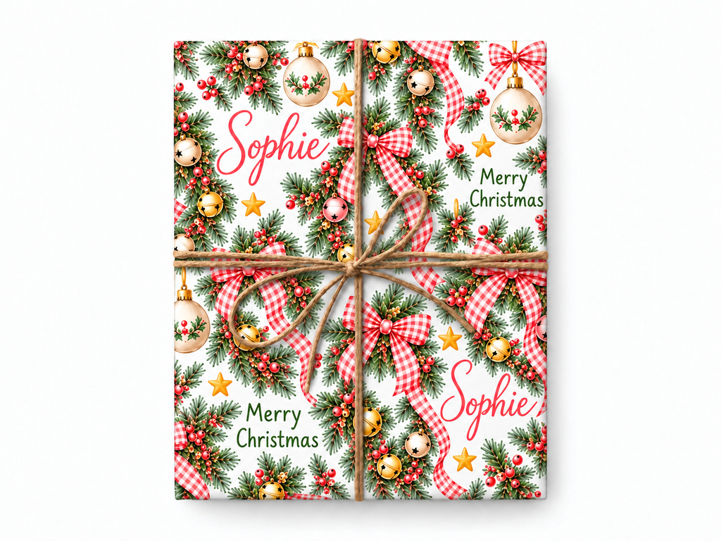 Personalized Ribbon Wreaths Christmas wrapping paper with natural twine