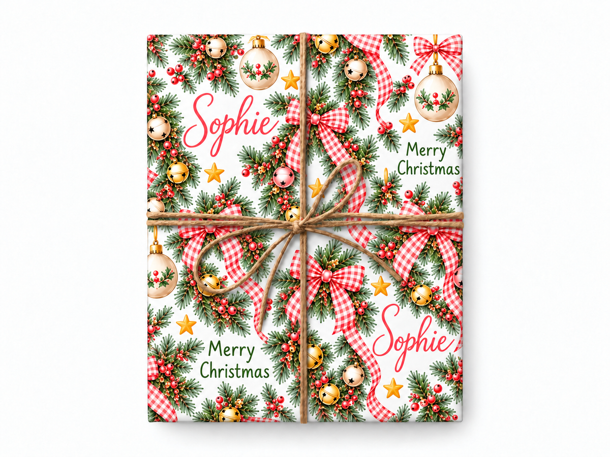 Personalized Ribbon Wreaths Christmas wrapping paper with natural twine