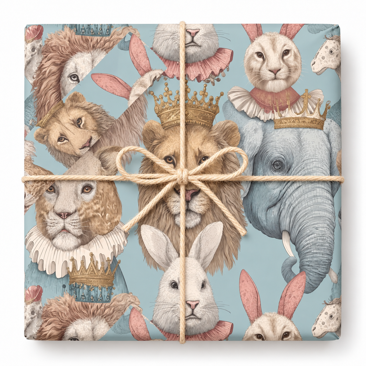 Vintage Royal Animal Portrait Gift Wrap tied with natural twine