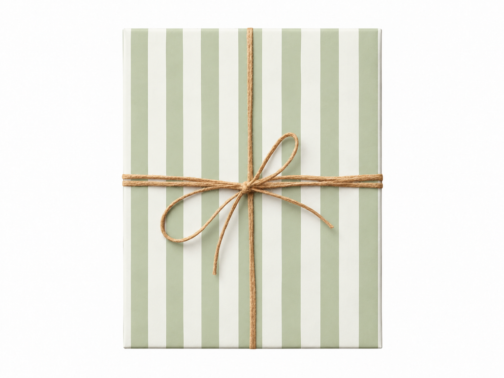 sage green stripes wrapping paper gift box with jute twine