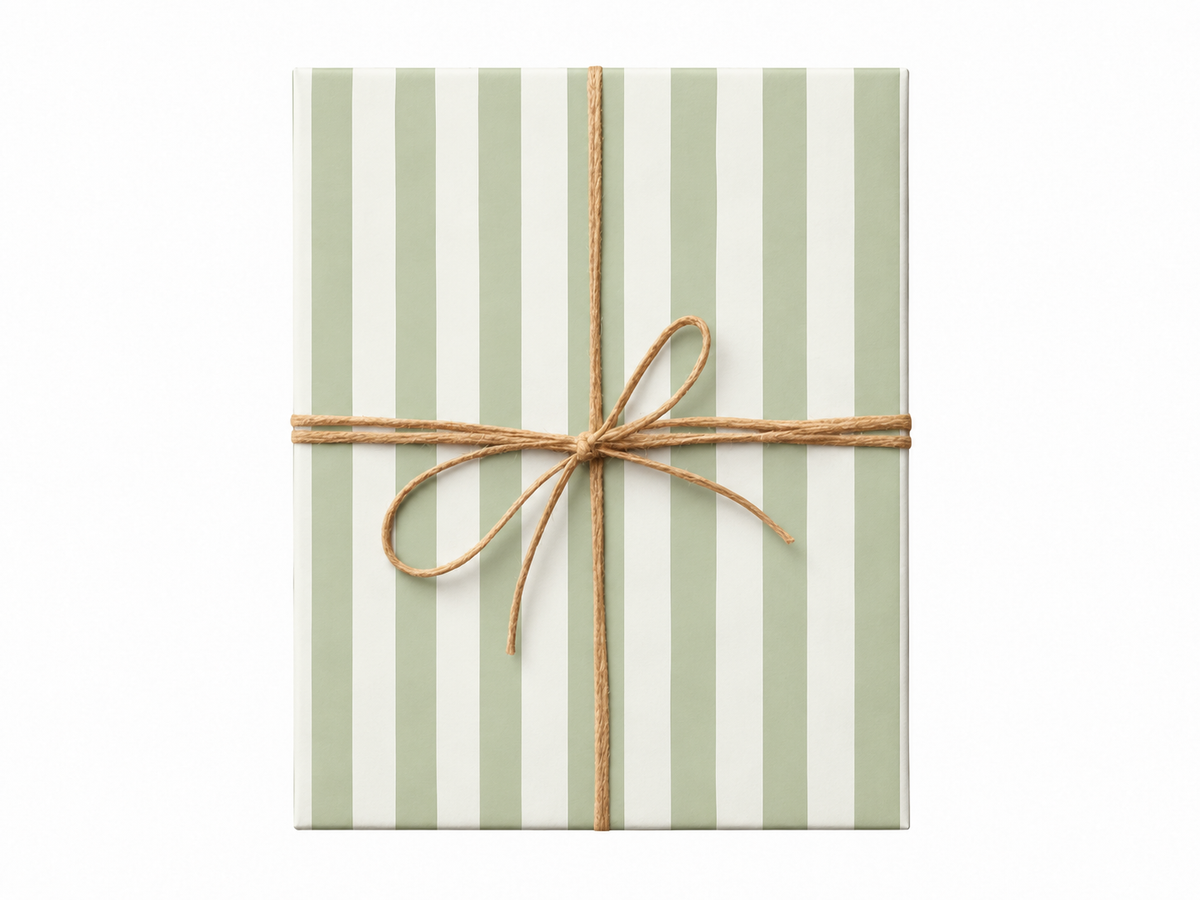 sage green stripes wrapping paper gift box with jute twine