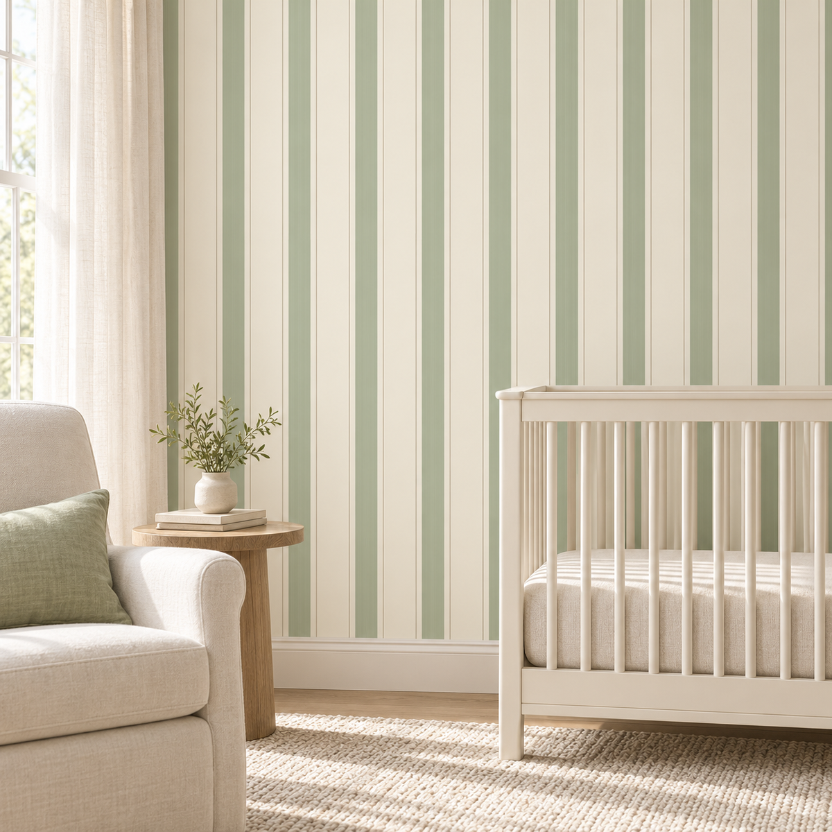 Sage Tailored Stripe Wallpaper in an approved styled room