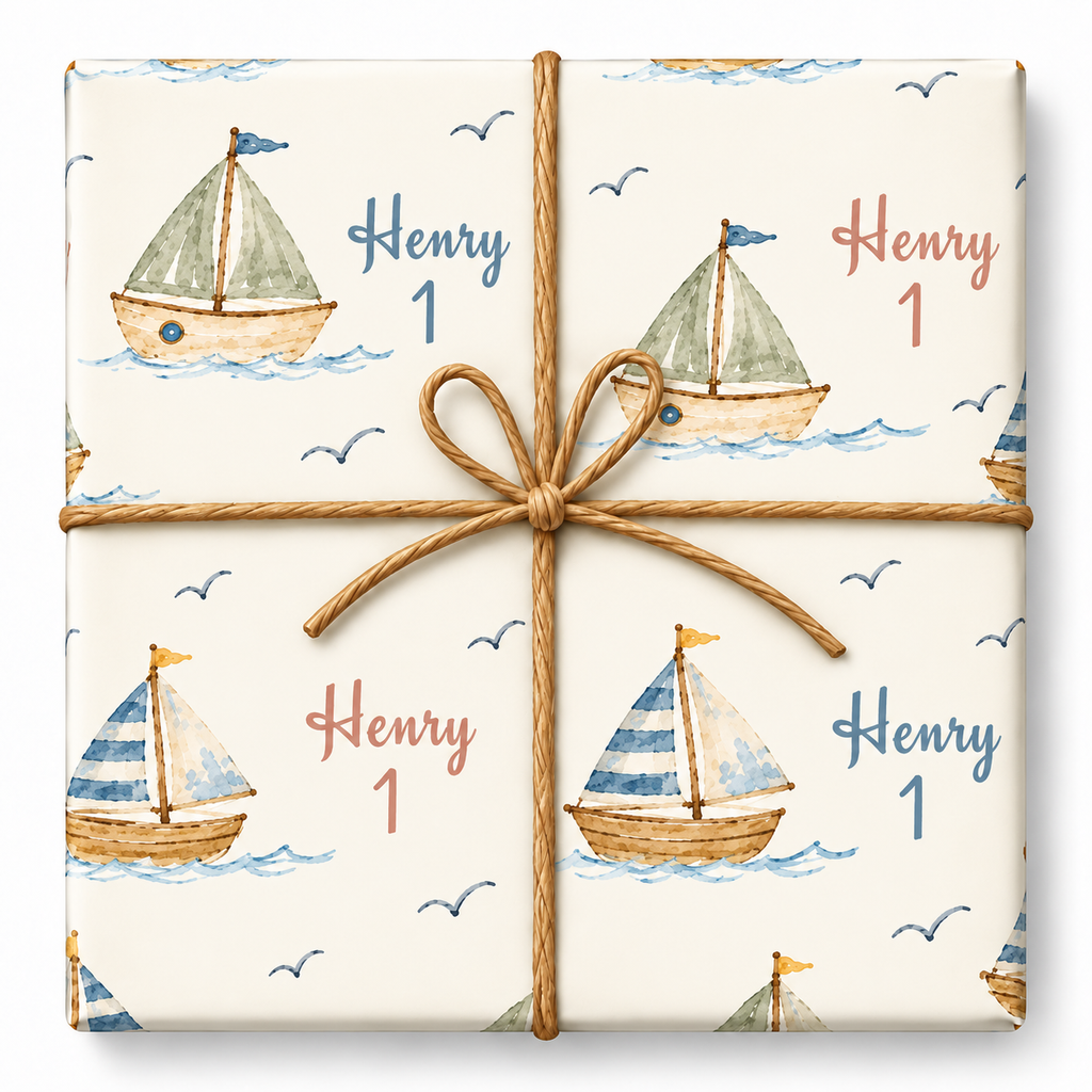 Little Sailboats Personalized Birthday Wrapping Paper with enlarged artwork and natural jute bow