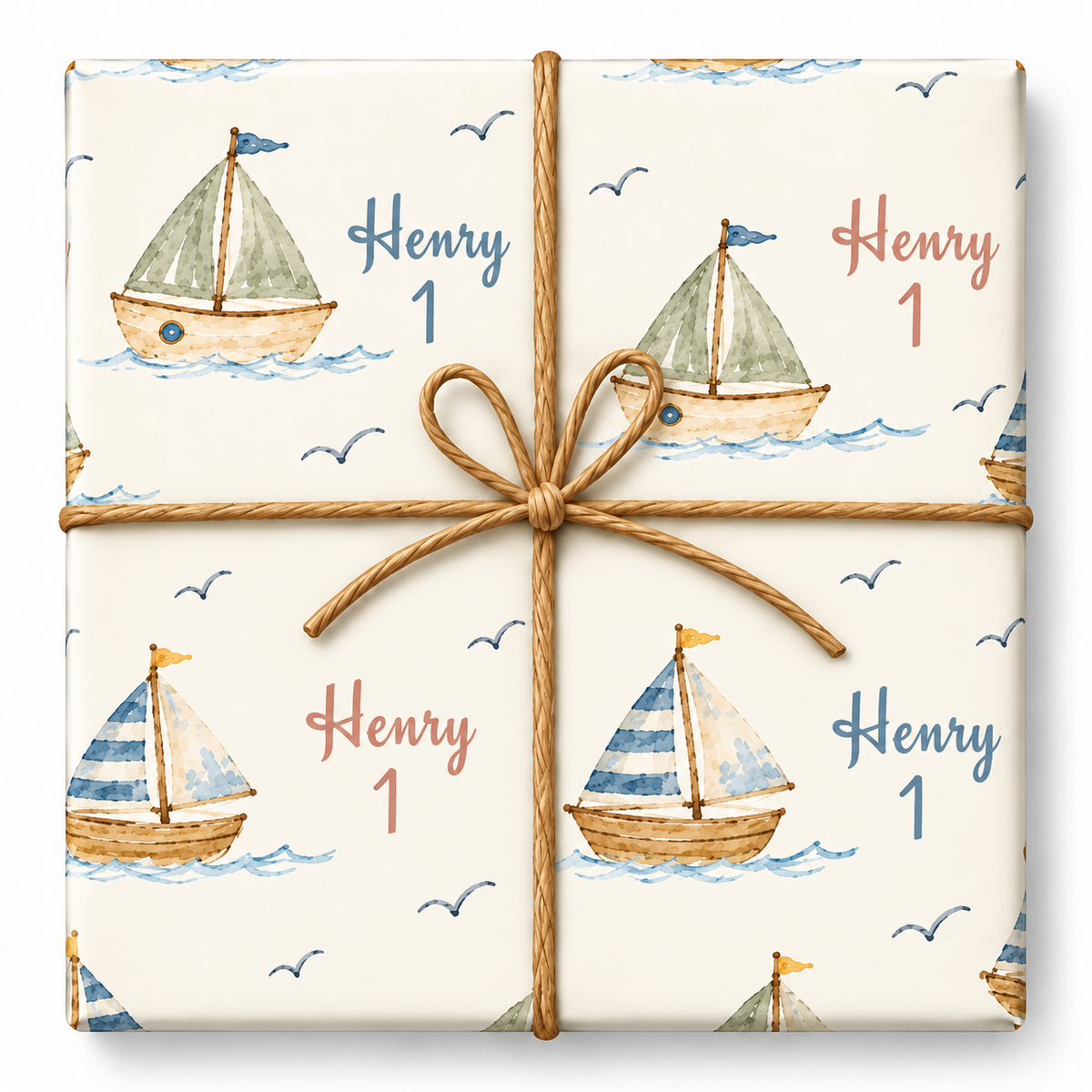 Little Sailboats Personalized Birthday Wrapping Paper with enlarged artwork and natural jute bow