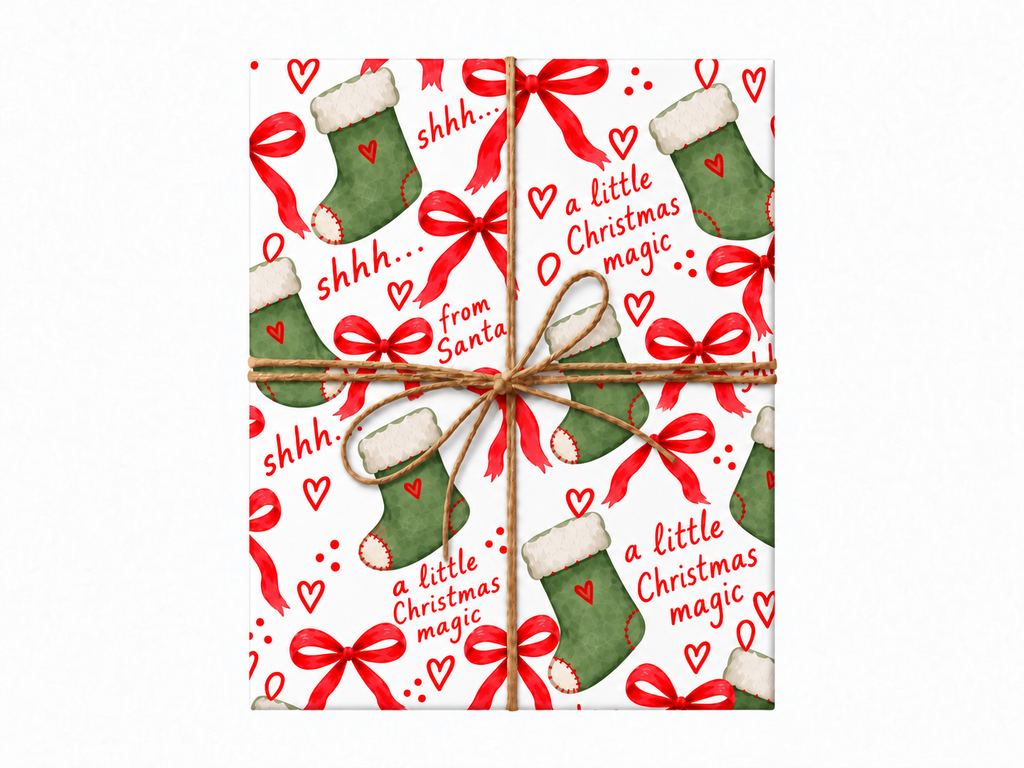 Santa stockings wrapping paper in original overhead non-kraft twine mockup