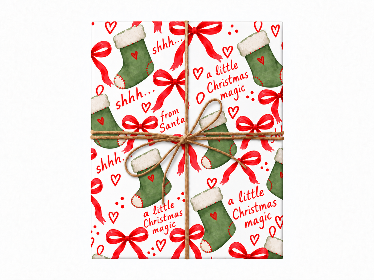 Santa stockings wrapping paper in original overhead non-kraft twine mockup