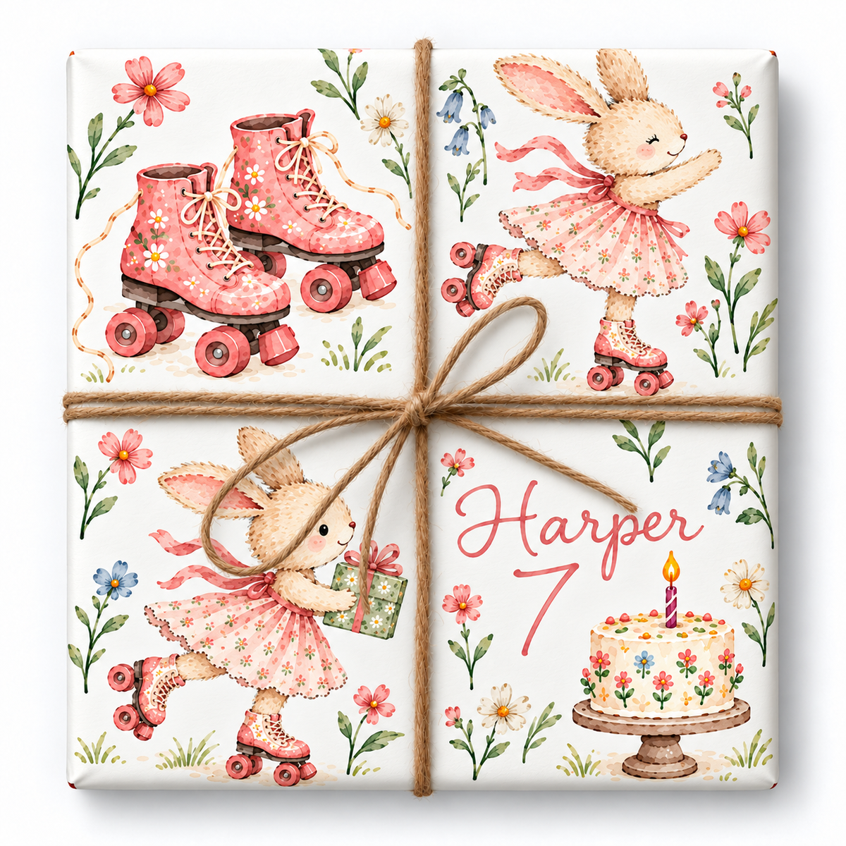 Roller Skate Birthday personalized gift wrap with large watercolor artwork and natural twine