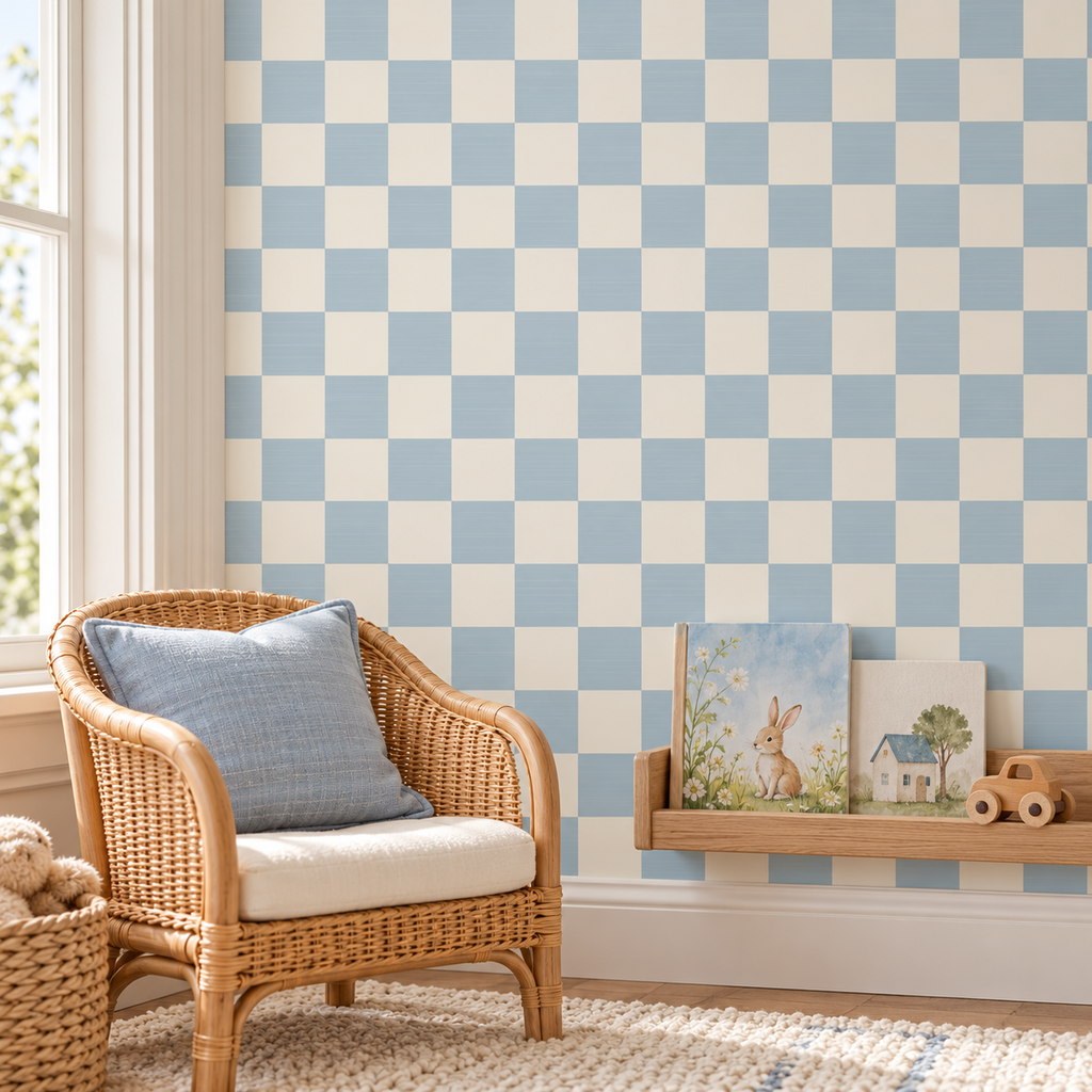 Soft Blue Checkerboard Wallpaper additional lifestyle room view