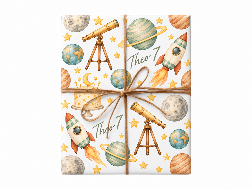 Personalized watercolor space birthday gift wrap with the approved thin natural jute bow