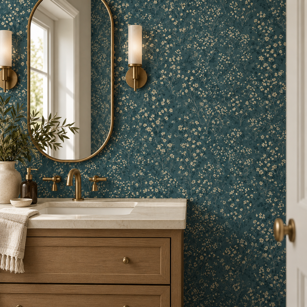 Teal wildflower wallpaper in a naturally lit powder room
