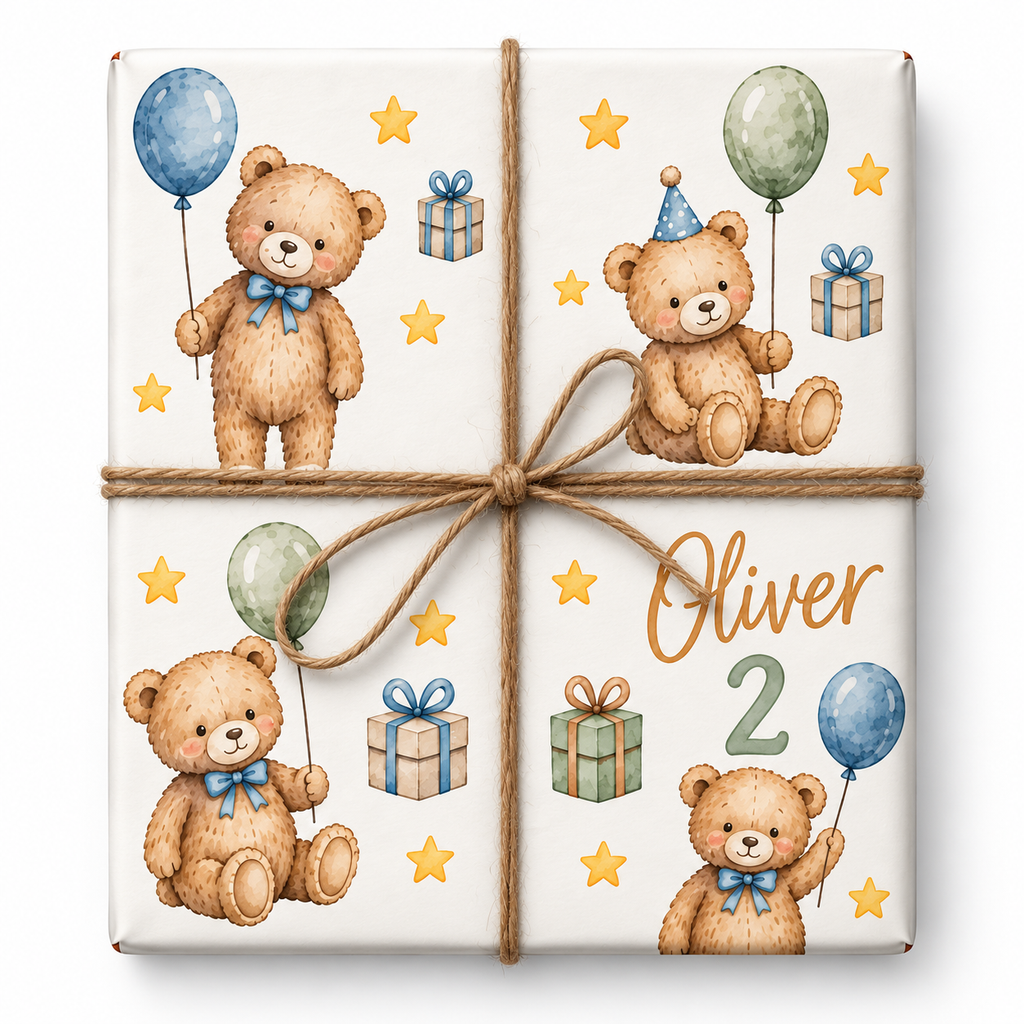 Teddy Bear Balloon Parade Personalized Birthday Wrapping Paper styled with natural jute twine