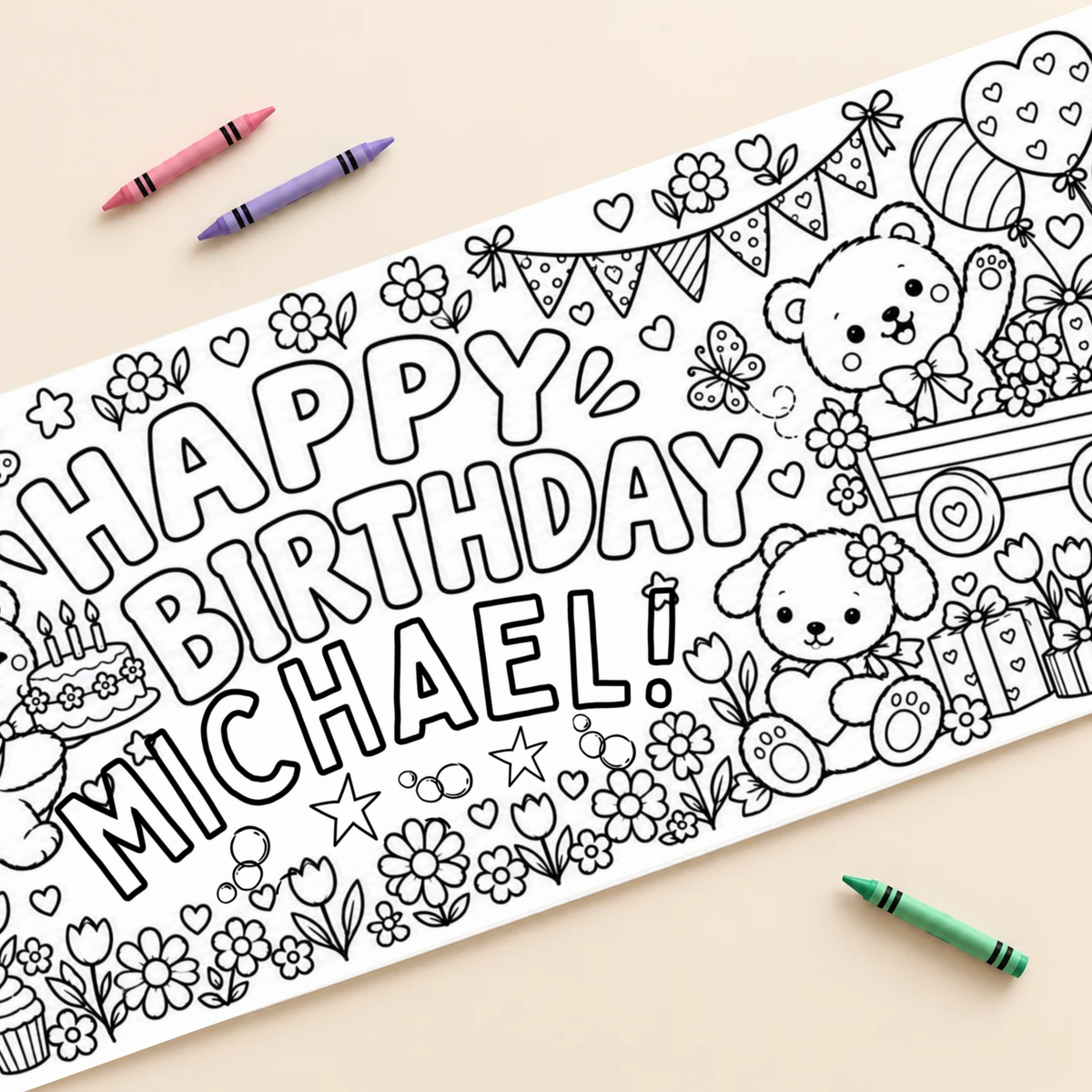 Personalized teddy bear birthday coloring banner with flowers, balloons and custom name