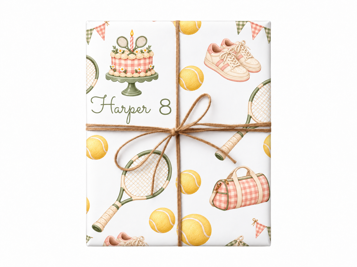 Personalized Tennis birthday wrapping paper with approved natural jute twine