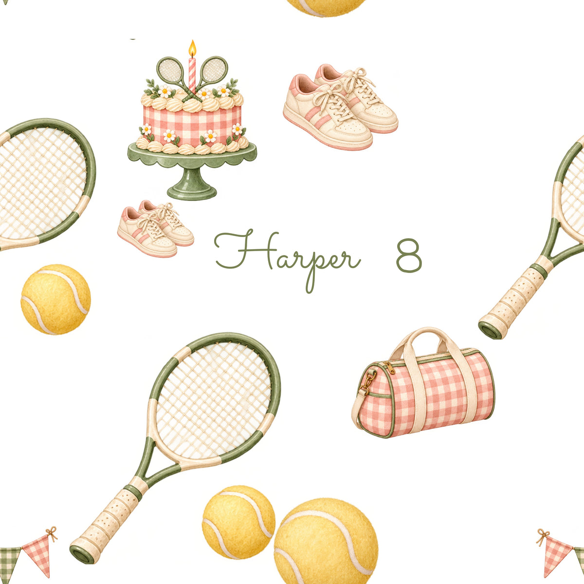 Seamless tennis birthday pattern detail with editable name and age
