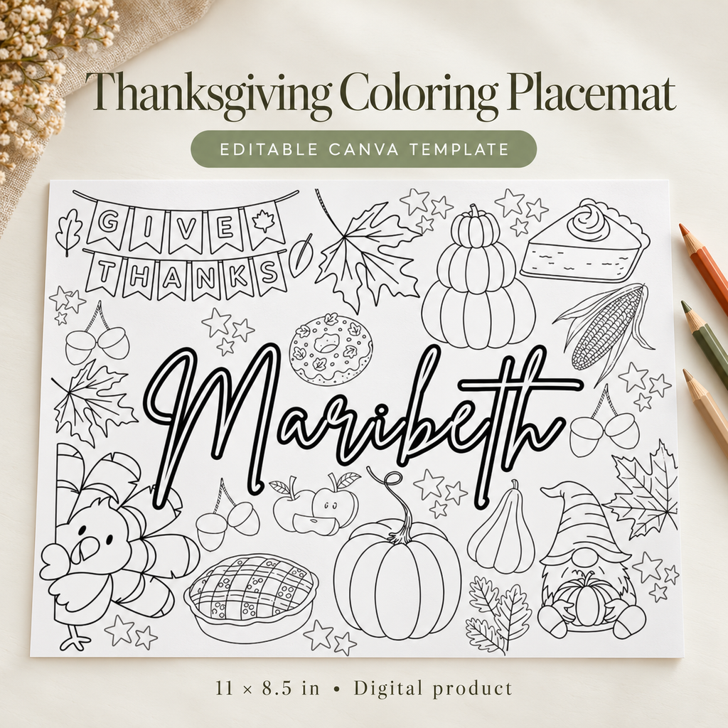 Editable Thanksgiving coloring placemat with a personalized name