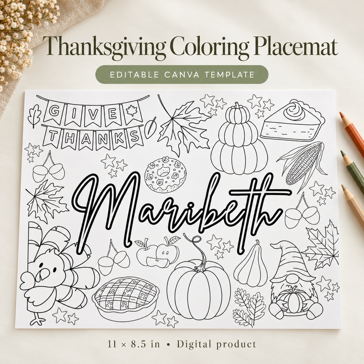 Editable Thanksgiving coloring placemat with a personalized name