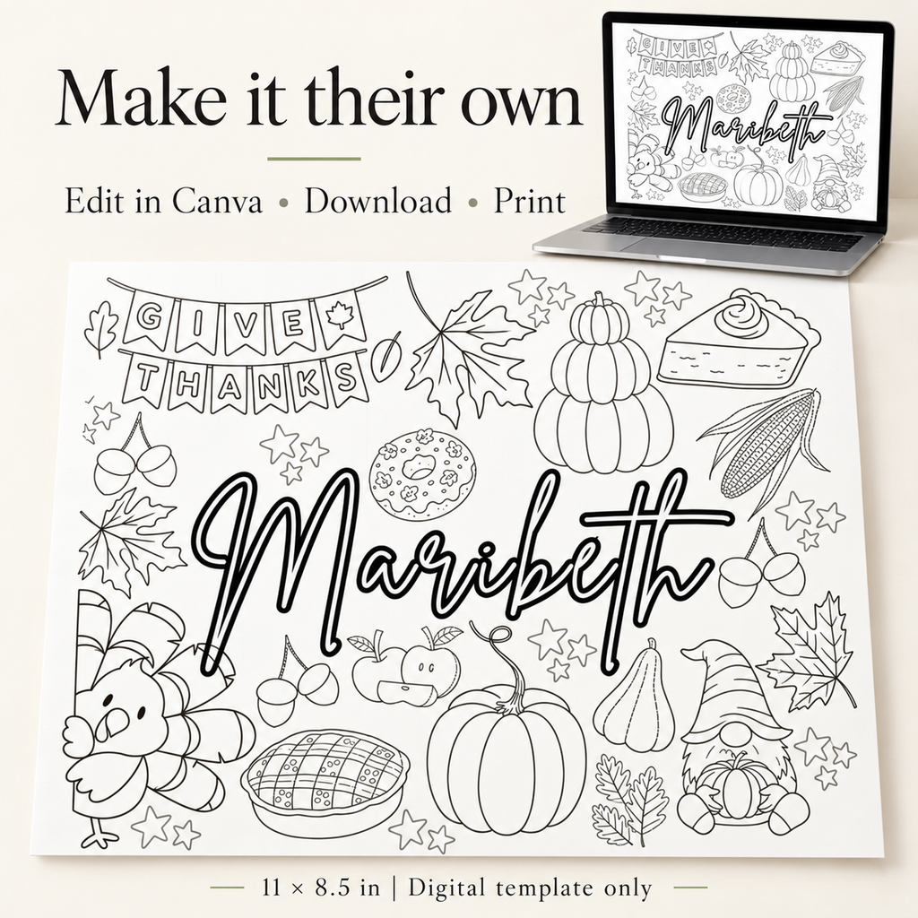 Edit your Thanksgiving placemat in Canva, download and print