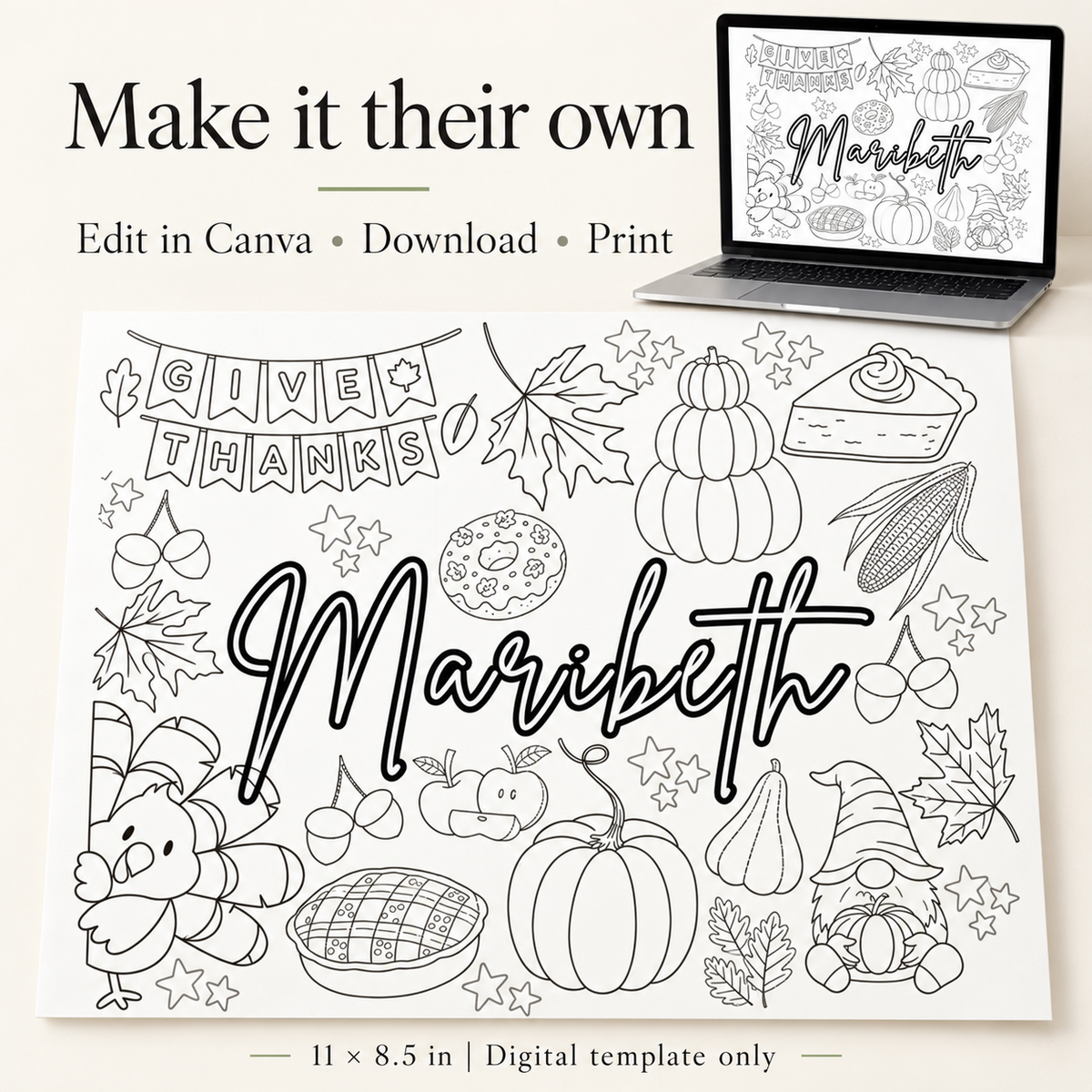 Edit your Thanksgiving placemat in Canva, download and print