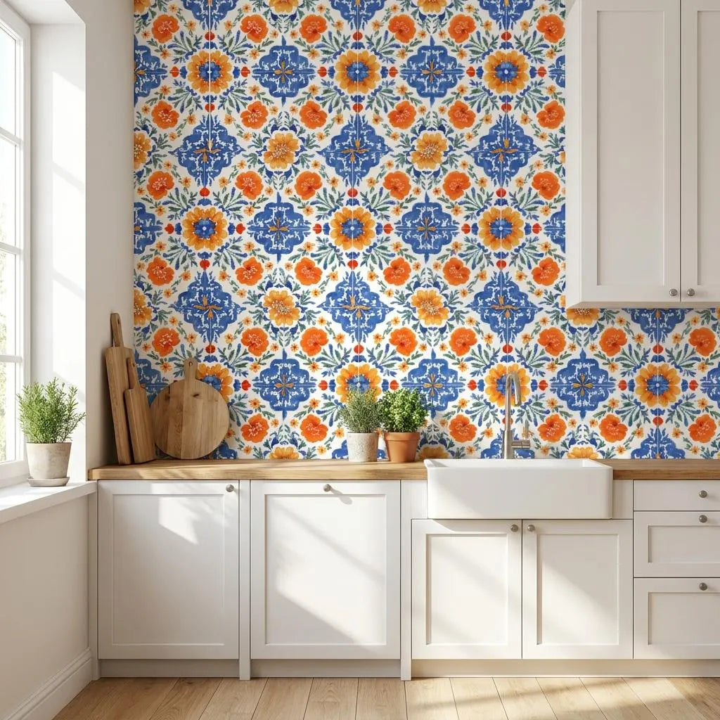 Blue and Orange Mediterranean Floral Tile Wallpaper styled room