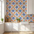 Blue and Orange Mediterranean Floral Tile Wallpaper styled room