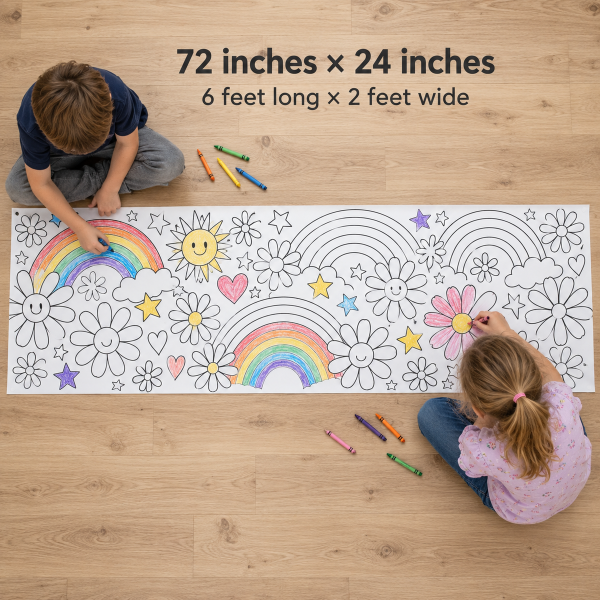 72 × 24 inch coloring banner size guide with children for scale; sample artwork