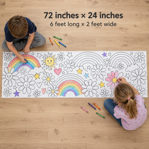 72 × 24 inch coloring banner size guide with children for scale; sample artwork