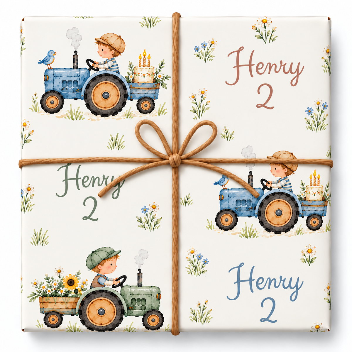 Little Tractors Personalized Birthday Wrapping Paper with enlarged artwork and natural jute bow