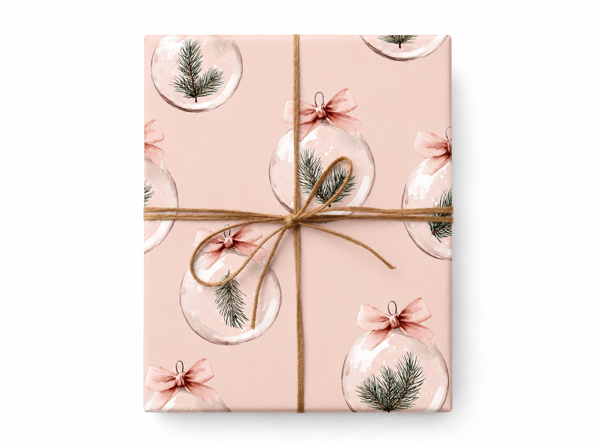 Pine and Ribbon Soft Blush Wrapping Paper gift tied with twine