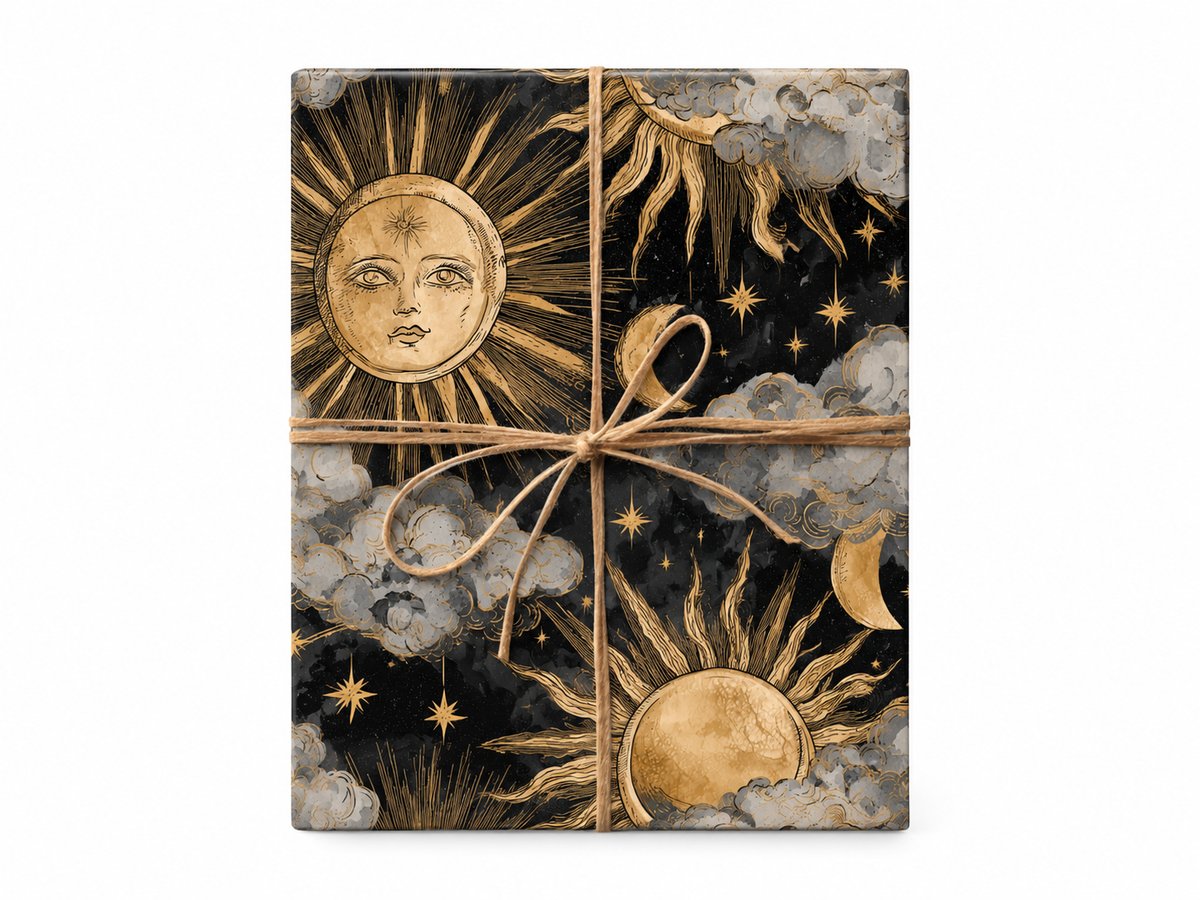 Celestial Wrapping Paper Mystical Sun Moon gift tied with twine
