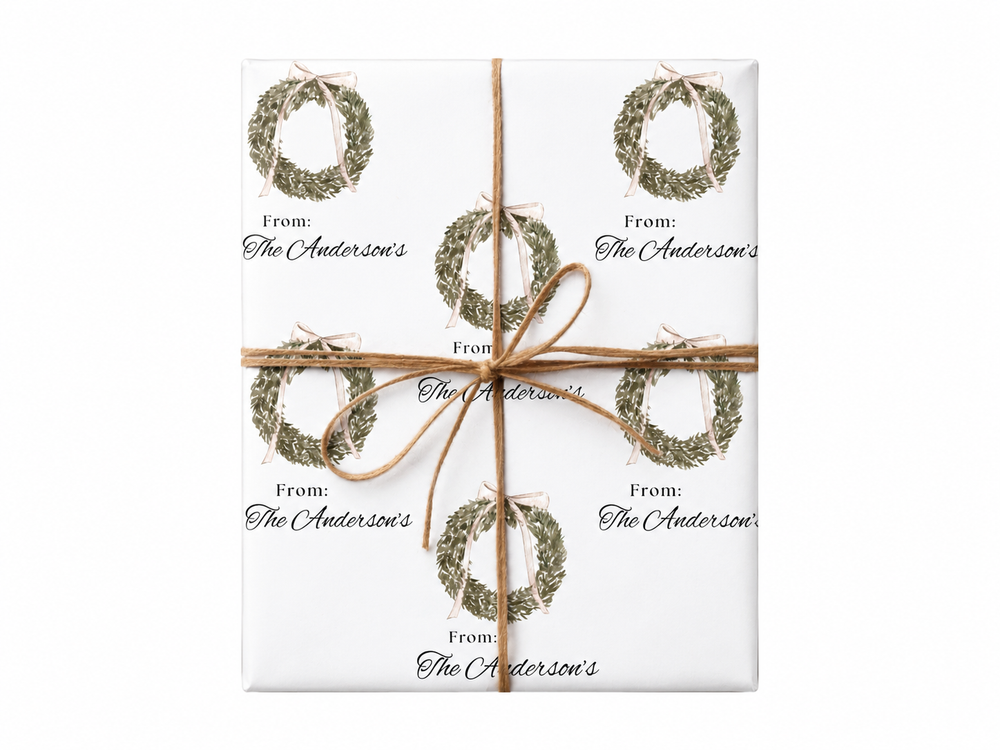 Personalized Minimalist Christmas Wreath Wrapping Paper gift tied with twine