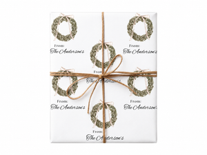 Personalized Minimalist Christmas Wreath Wrapping Paper gift tied with twine