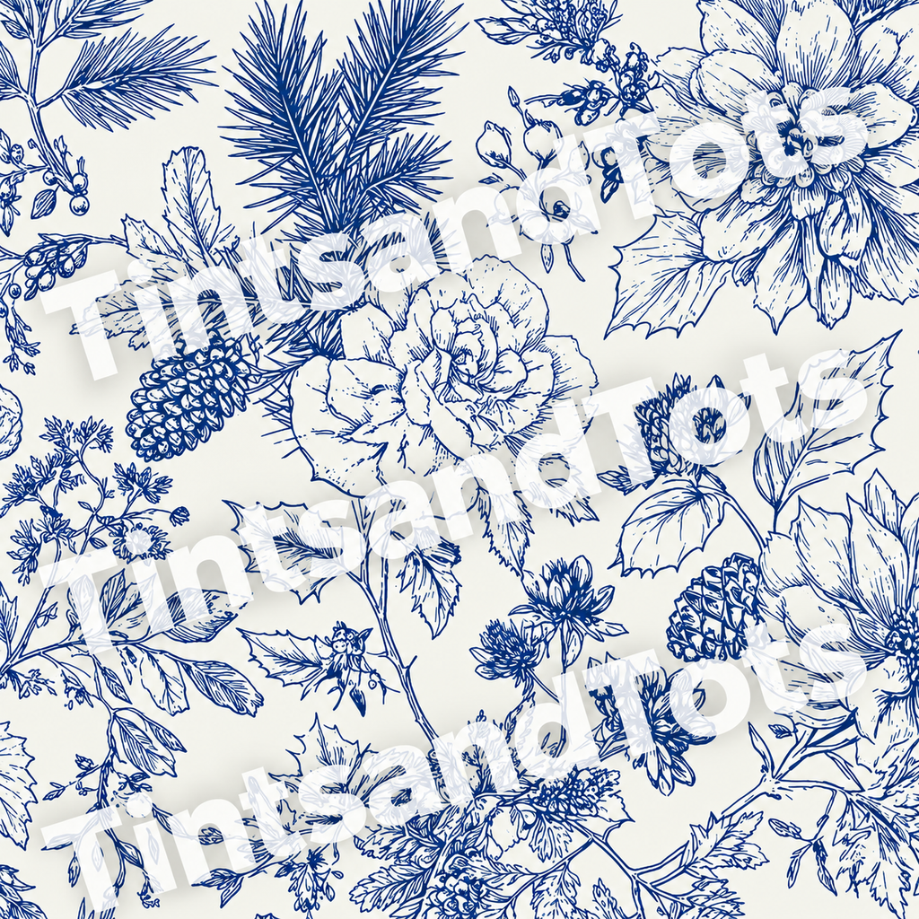 Blue Pine Cone Toile Wallpaper — zoomed-in design preview with translucent TintsandTots watermark