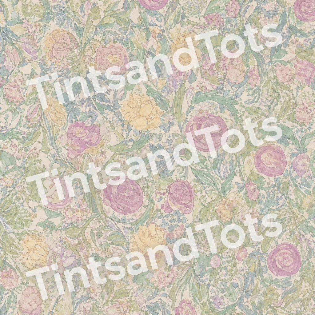 Soft Pastel Floral Wallpaper — zoomed-in design preview with translucent TintsandTots watermark