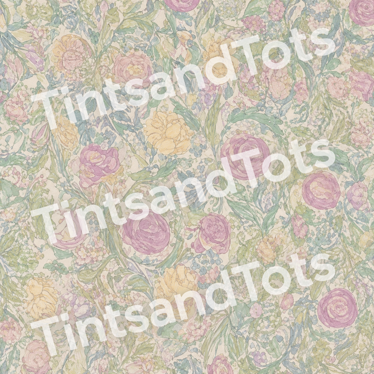 Soft Pastel Floral Wallpaper — zoomed-in design preview with translucent TintsandTots watermark
