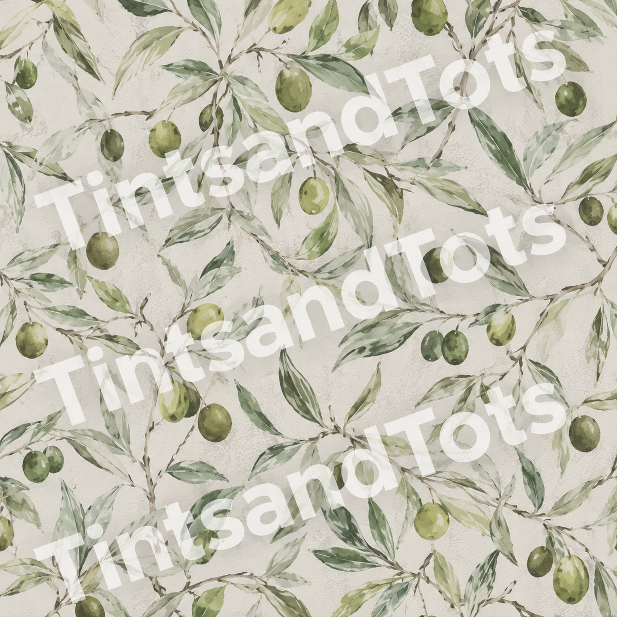Olive Branch Pattern Wallpaper — zoomed-in design preview with translucent TintsandTots watermark