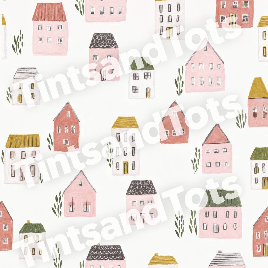 Whimsical Village Wallpaper — zoomed-in design preview with translucent TintsandTots watermark