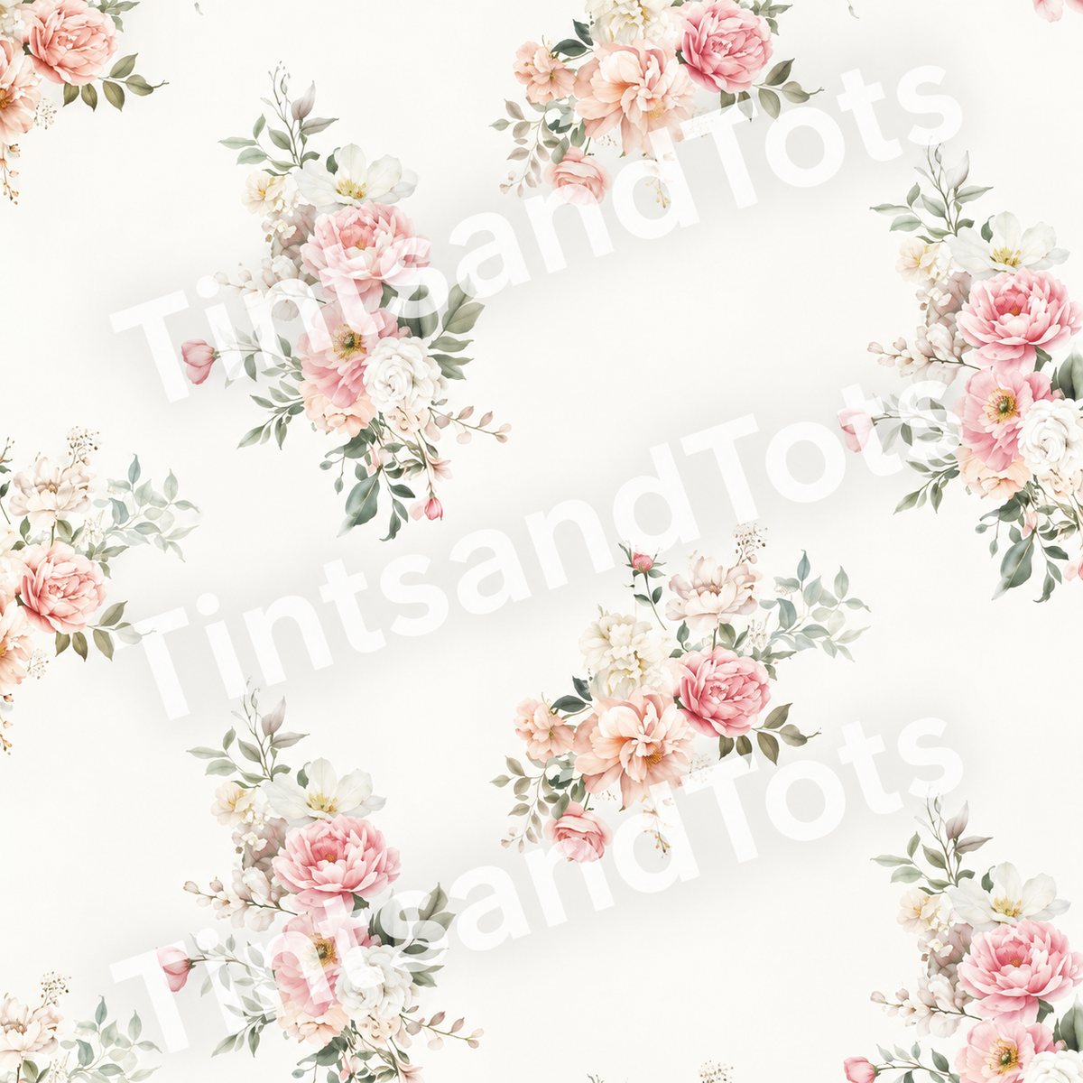Floral Print Pink Wallpaper — zoomed-in design preview with translucent TintsandTots watermark